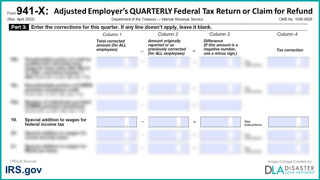 941-X: 19. Special Additions to Wages for Federal Income Tax, Social Security Taxes, Medicare Taxes, and Additional Medicare Tax, Form Instructions