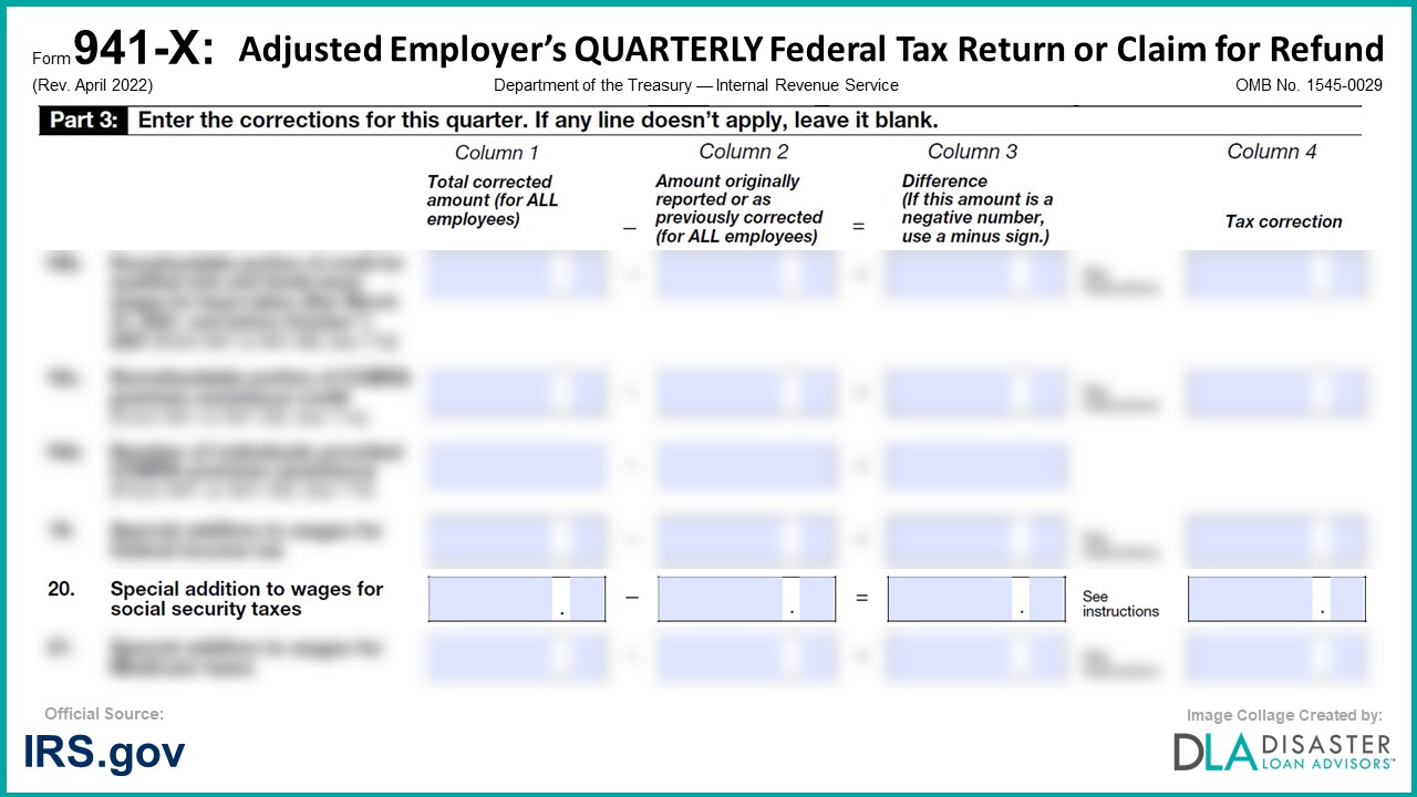 941-X: 20. Special Additions to Wages for Federal Income Tax, Social Security Taxes, Medicare Taxes, and Additional Medicare Tax, Form Instructions