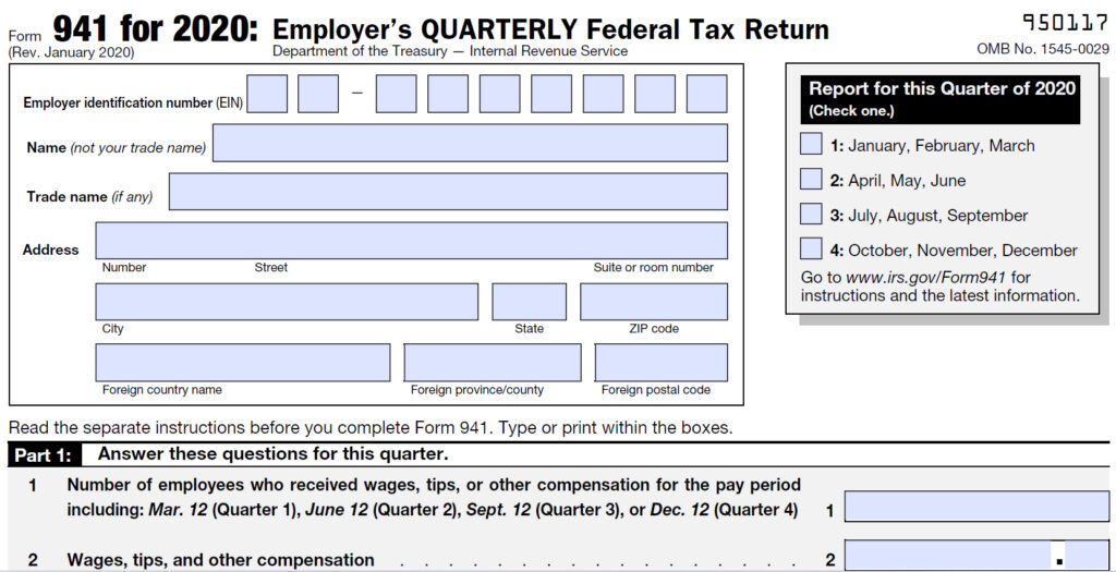 2020 IRS Form 941, Employer's Quarterly Federal Tax Return for the 2020 tax year.
