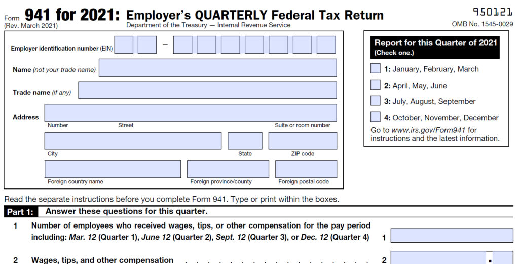 2021 IRS Form 941, Employer's Quarterly Federal Tax Return for the 2021 tax year.
