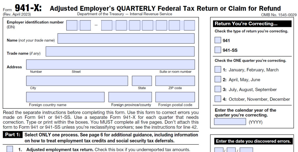 IRS Form 941-X, Adjusted Employer's Quarterly Federal Tax Return or Claim for Refund. This form is needed to claim the Employee Retention Tax Credit for each quarter your business qualifies for the ERC refund.